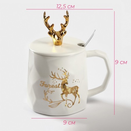 Ceramic mug with a spoonful of the shade "Magic Forest", 350 ml, white color-1