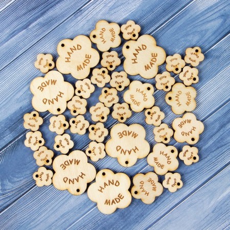 A set of tags "Hand Made", flowers, 30 mm - 6 pcs; 25 mm - 6 pcs; 15 mm - 27 pcs