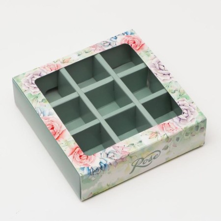 Box for 9 sweets with a shell "Rose" with a window, 14.5 x 14.5 x 3.5 cm