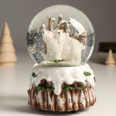 Souvenir Polystone Water Ball Music "White Bears in the Forest" 11.5x11.5x14 cm-5