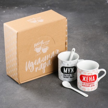 Ceramic "husband and wife" set: a mug of 140 ml 2 pcs., A spoon 2 pcs., White color-4