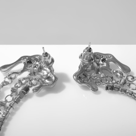 Hanging earrings with rhinestones "melting" trio, white color in silver-1