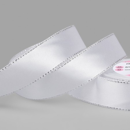 A satin ribbon "Silver threads", 25 mm × 23 ± 1 m, white color No. 001