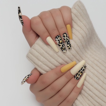 Leopard overhead nails, 12 pcs, with adhesive plates, ballerina shape, beige/yellow/black-9