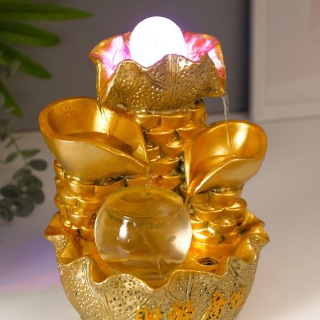 The desktop fountain from the network, the backlight "Gold leaves and ingots" gold 21x15x12 cm-5