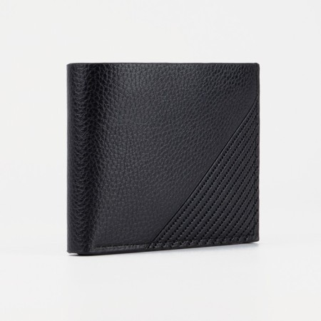 Male purse without fastener, department for bills, for maps, for coins, black color