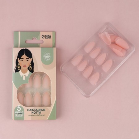 Follow nails “Natural”, 24 pcs, adhesive plates, almond shape, matte color light-beige-1