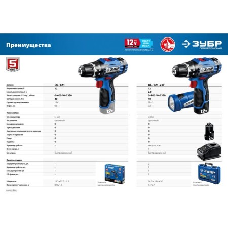 Drill-shuruvret bison 12 V+LED LED LEAR DL-121-22F, 2x2 Ah, 1350 rpm, 40 nm, in the case-10