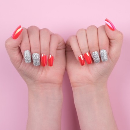 Overhead nails, 24 pcs, with adhesive plates, shape soft square, silver color/holography-10