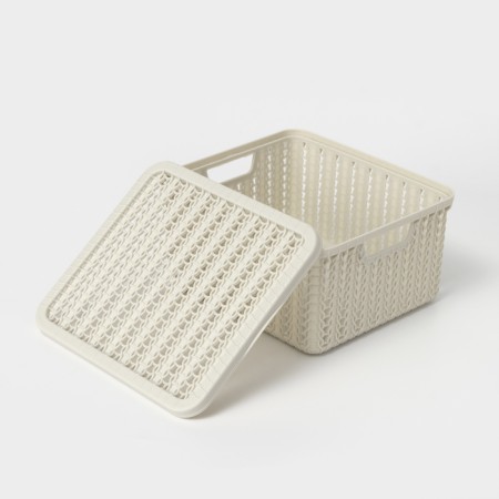 Storage box with a “knitting” lid, 1.5 l, 17 × 15 × 8 cm, color white rattan-2