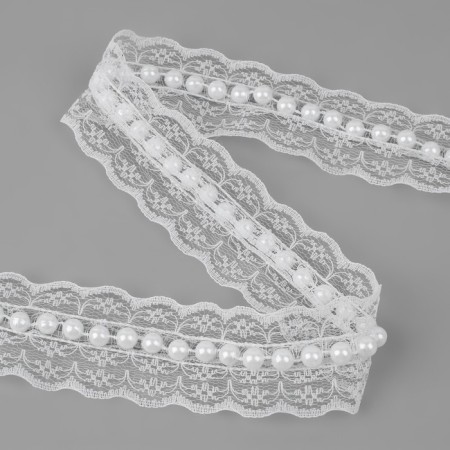 Ryush lace, with beads, 35 mm, 4.5 ± 0.5 m, white color-1