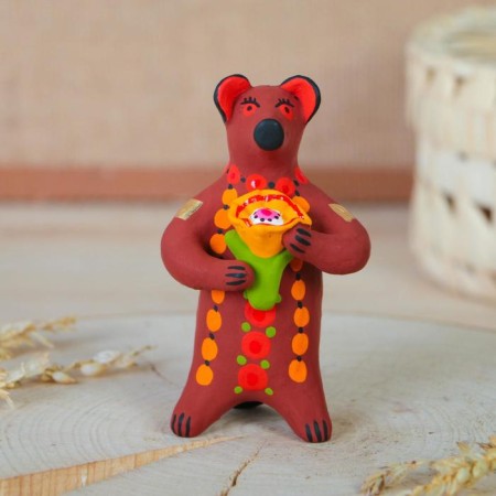 Dymkovo toy "Bear with a flower, with a rooster, with harmony", 11 cm, mix-6