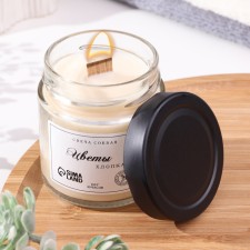 Aromatic candle made of soy wax in a jar, 150 g, wooden wick, cotton flowers