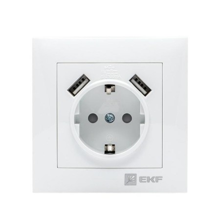 EKF socket "Valencia", 16 A + 2 USB 2.1a, single, with salary, with protective curtains, white