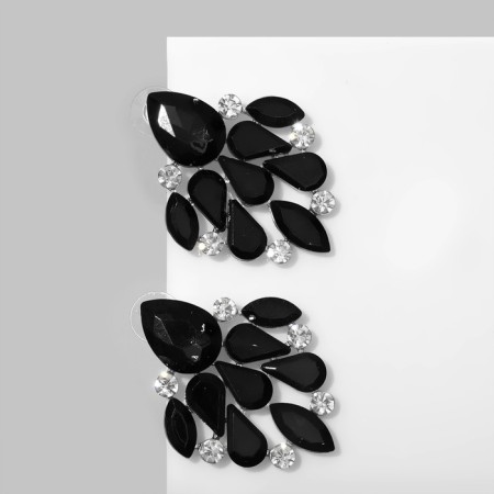 Earrings with rhinestones "flash" drops, black and white color in silver-1