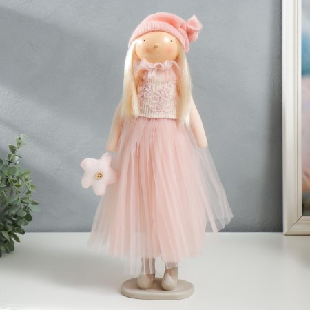 Interior doll "Baby in pink, with a flower, with long hair" 41.5x14.5x16 cm