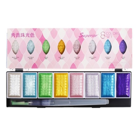 Watercolor paints, mother -of -pearl, + brush, in a plastic box, 8 colors