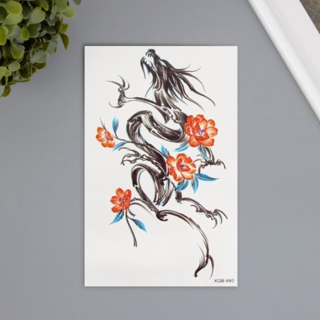 Tattoo on the body color "Dragon ink with orange flowers" 11.4x21 cm