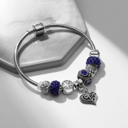 Bracelet with Mardgeri rhinestones with a suspension, heart, blue color in silver, 20 cm-1