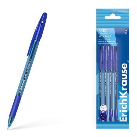 Set of ballpoint pens 4 pcs, Erichkrause, R-301 Stick & Grip Original Knot 1.0 mm, blue-5