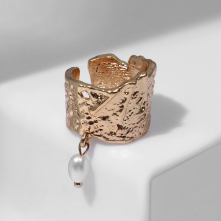 Ring "crumpled lines" with bead, white color in gold, dimensionless-7