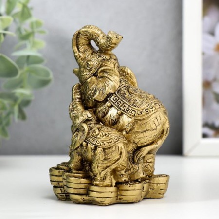 NECK Polystone for bronze "Elephant with an elephant - trunks up, on coins" 10x7.2x6.8 cm-1