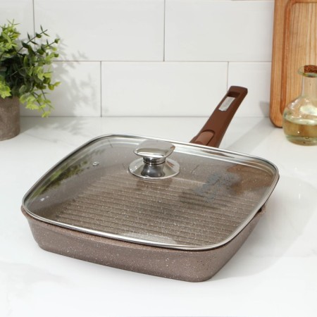 Granite Graporal Granite, square, 28 × 28 cm, removable handle, glass cover, anti-stick coating, brown color