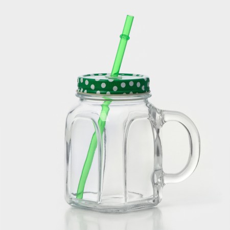 Glass mug with Homemade lid, 450 ml, green color