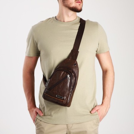 Male sling bag, artificial leather, headphone opening, brown color-7