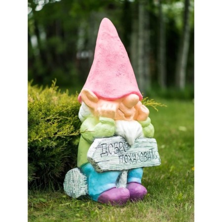 Garden figure "Gnome with a signs Welcome" Pink, 34x31x65cm-1