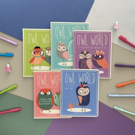 Notebook of 48 sheets in the Cute Owls cage, covered cardboard, matte lamination Soft Touch, mix-10