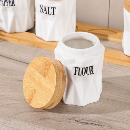 A set of ceramic cans for bulk products on an esthete wooden stand, 4 items: 200 ml, white color-1