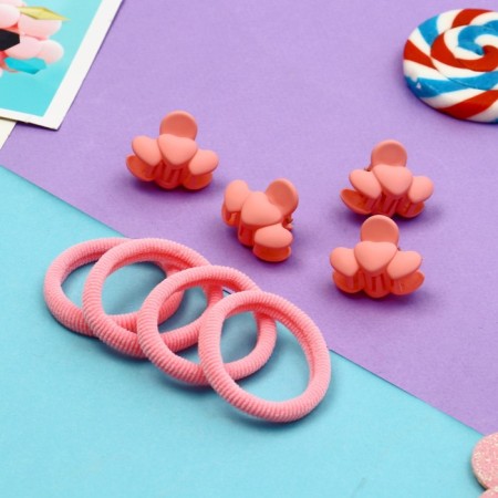 Hair Set "Olivia" (4 gum 4 cm, 4 crab 3 cm) hearts, pink-1