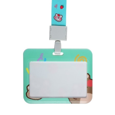 Badge horizontal, external size 10 x 7.8 cm, internal size 5.2 x 8.2 cm, tape 42 cm, with a pattern "Bear"