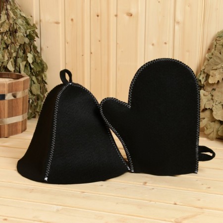 Set for baths and saunas 5 in 1 (bag, hat, mittens, rug, washcloth), black-1