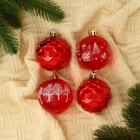 Set of balls plastic D-5.5 cm, 4 pcs "New Year's fun" cones geometry, red