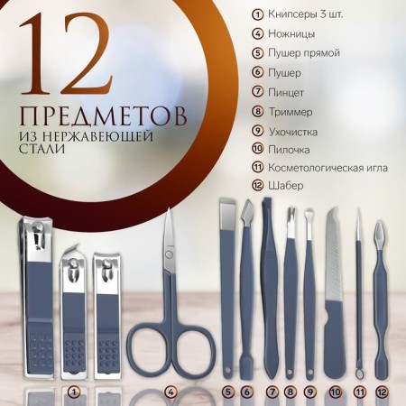Manicure set, 12 items, in case, blue color-1