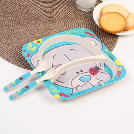 A set of children's bamboo dishes, 3 objects: plate, fork, spoon, me to you-1