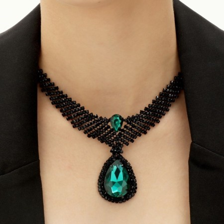 Set 2 objects: earrings, necklace “vernissage” drop, emerald color in ferrous metal, 30 cm-3