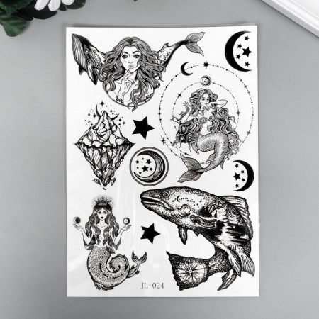 Tattoo on the body Black Mermaids and Stars 21x15 cm