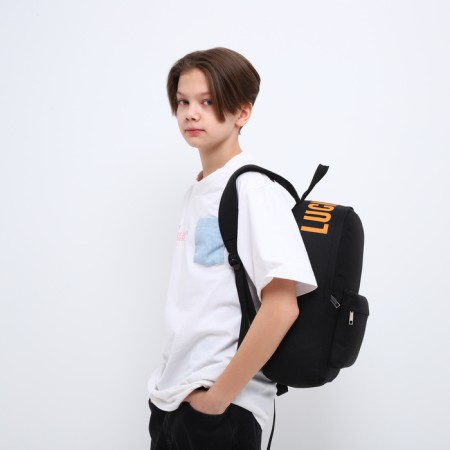 School backpack textile with printing on the top of Lucky, 38x29x11 cm, black color is black-8