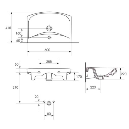Sink "Carina" white 60 cm, with 1 central hole-5