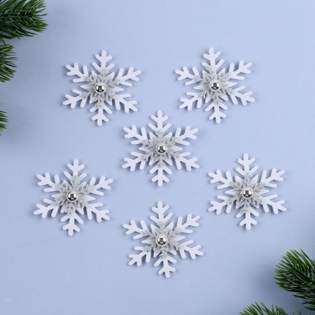 New Year's decor "Snowflake", white color with silver, set of 6 pcs.