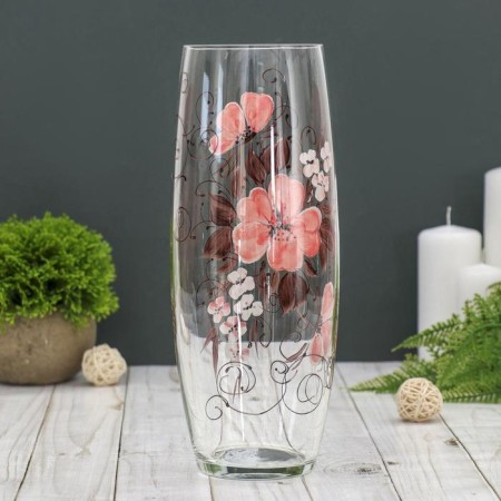 Vase "Barrel" H 260 mm. From transparent glass (manual painting) Fig. Hibiscus (r.ch.)-1