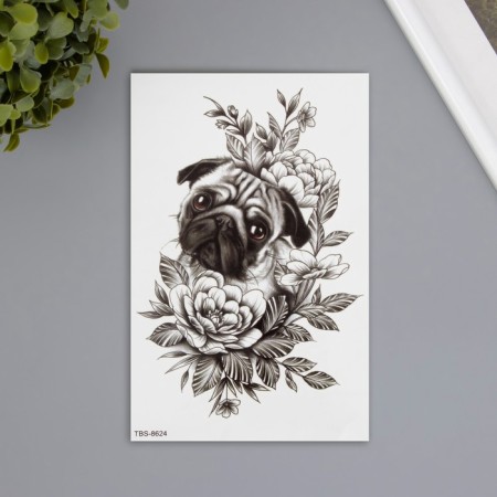 Tattoo on the body color "Pug in flowers" 12x19 cm