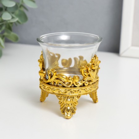 Glass candlestick, plastic on 1 candle "Heart from leaves Heart" gold 6.5x6x6 cm-3