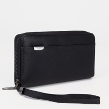 Male purse with zipper, department for bills, for maps, for coins, black color