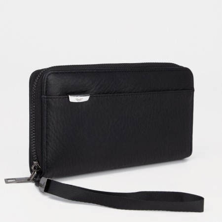 Male purse with zipper, department for bills, for maps, for coins, black color