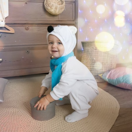 Carnival costume for kids “White Bear” with blue scarf, velor, cotton, height 74-92 cm-2