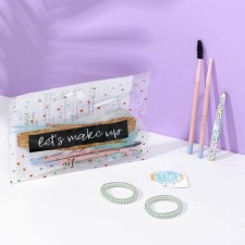 Set in the cosmetic bag Let’s Makeup: brush and eyebrow brush, tweezers, gum for hair 2 pcs, postcard